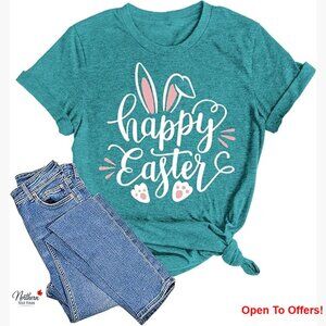 Polyester Cotton Blend Bunny Rabbit Graphic T-Shirt Short Sleeve Crew Neck
